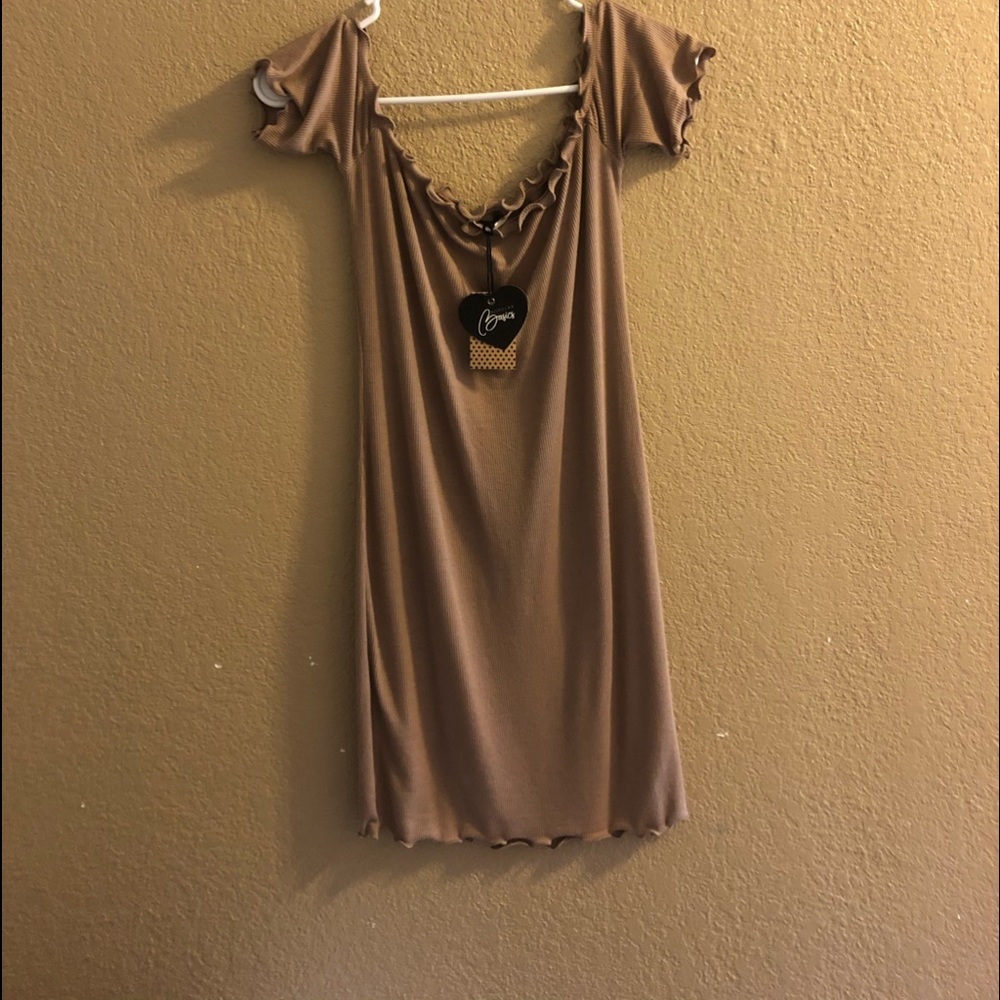 Light brown off the shoulders dress
